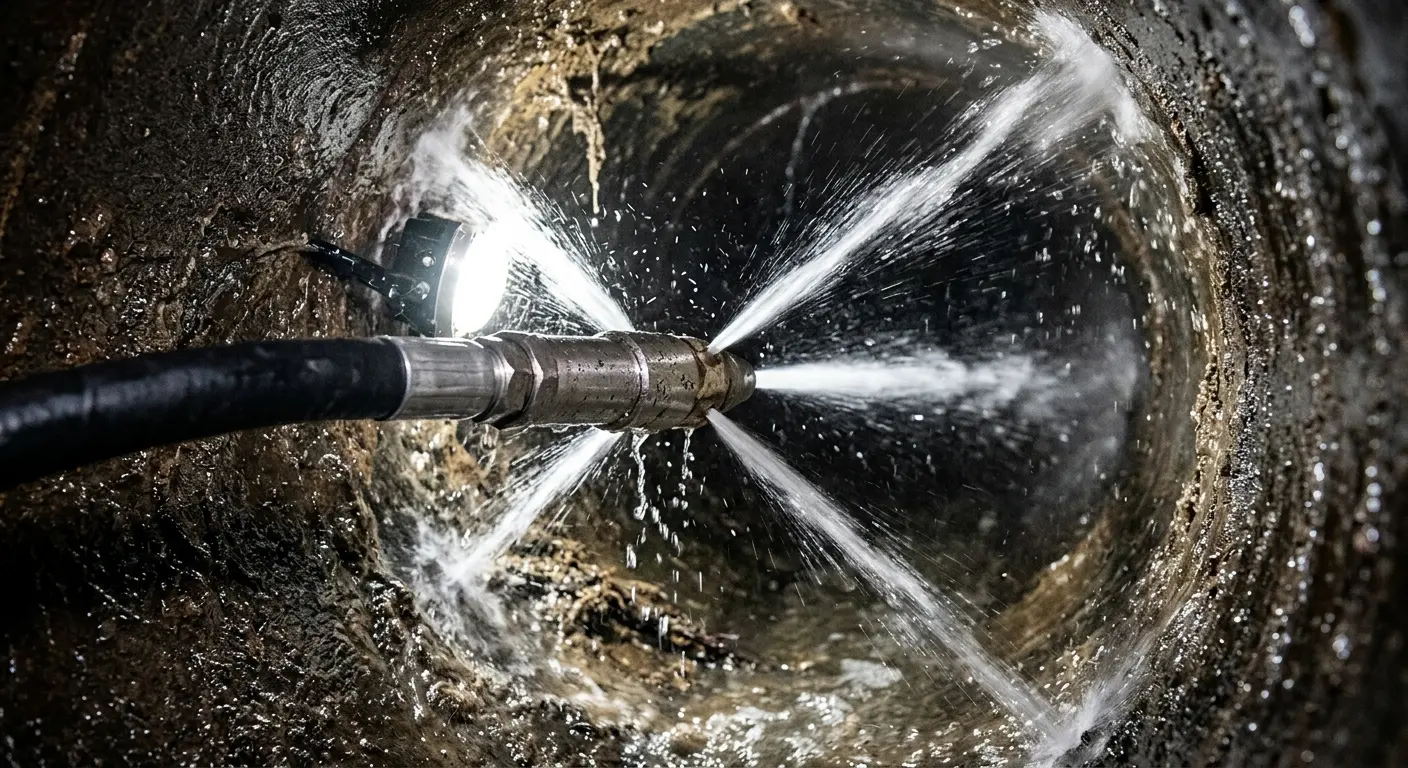 High-pressure hydro jetting nozzle cleaning sewer pipe for Emergency Drain Service in Mountainside