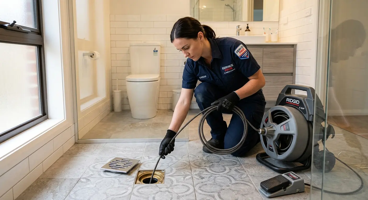 Technician clearing a bathroom floor drain for Clogged Drain Repair in Mountainside